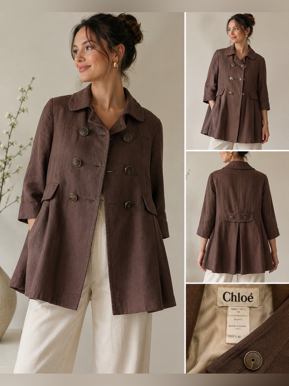 Chloe Chocolate Brown Double-Breasted Swing Jacket EU 40 US 8